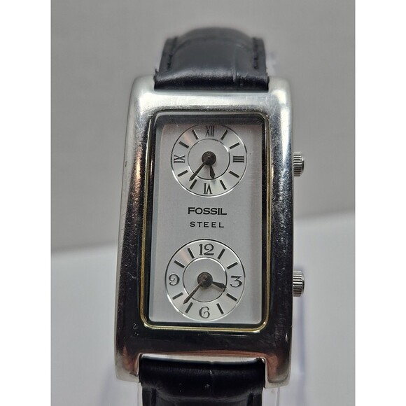 Fossil Steel Dual Time Tank 23mm Watch Silver Black Leather Quartz New Battery - Picture 4 of 13